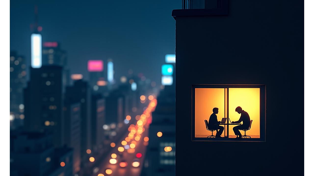 2019年 Otaku Niji Studios創業時の渋谷の夜景と3人の創業メンバーのシルエット