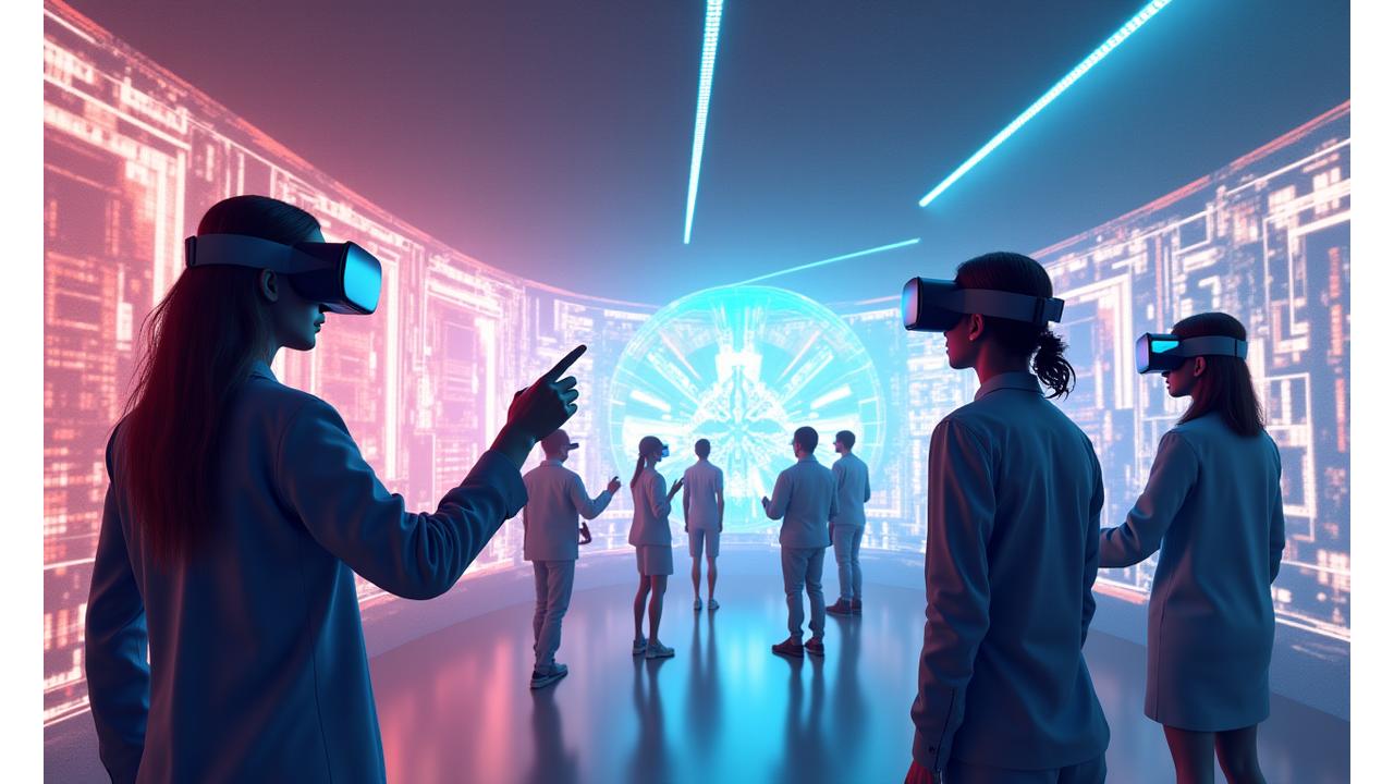 2021年 AR/VR体験を楽しむ人々の様子、未来的なディスプレイ