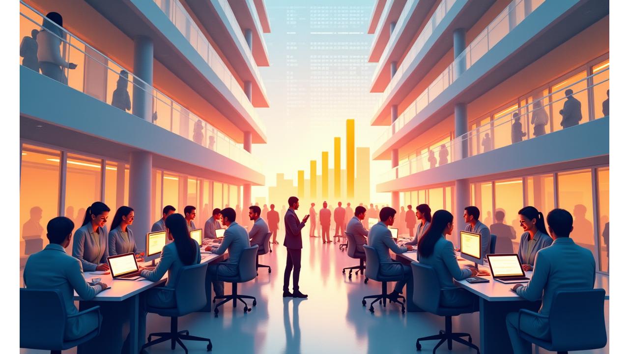 2023年 成長を示す棒グラフと、笑顔で働く多くの社員たち