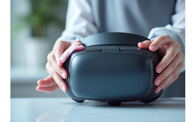 清潔なVRヘッドセットを丁寧に消毒するスタッフ