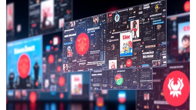 海外の有名なメディアロゴが多数並ぶ背景にアニメと伝統工芸の融合作品が展示されている様子