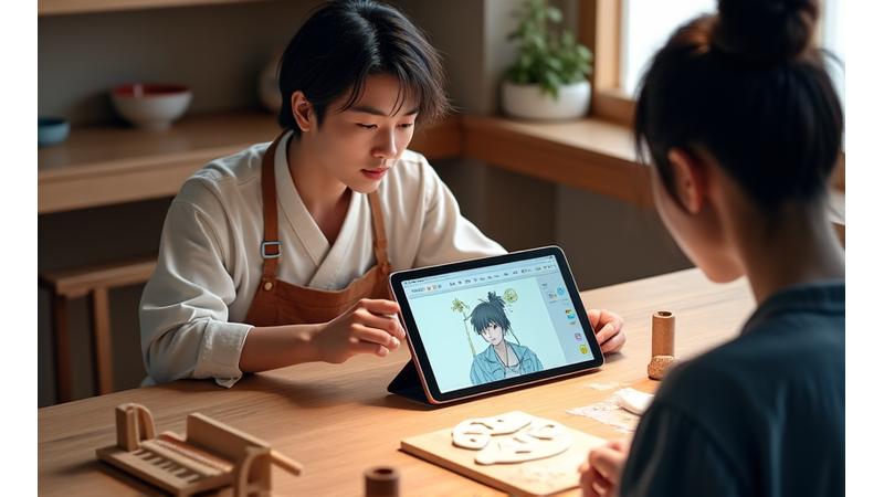 職人が顧客とタブレットでデザインを相談している様子