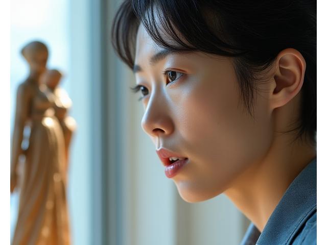 有名な現代美術アーティストが自身の作品であるフィギュアについて情熱的に語っている様子。作業場、またはギャラリーで。