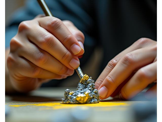 熟練した職人がフィギュアの微細な部分を手作業で彩色しているクローズアップ。精密な作業と集中した表情。