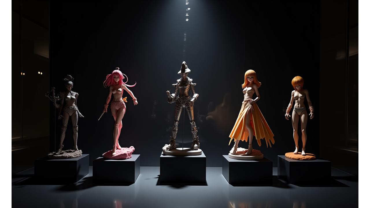 世界限定50体のアートフィギュアコレクション豪華ディスプレイ。暗闇に浮かび上がるように配置され、スポットライトが当たる様子