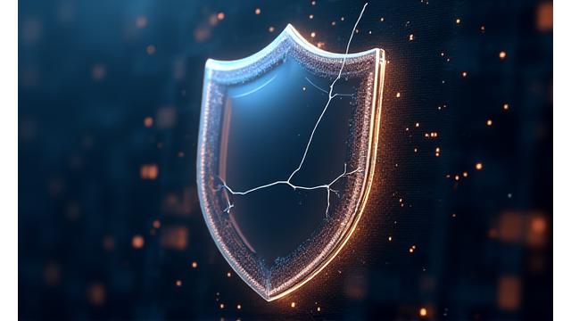 壊れた盾と散らばるデータの抽象イラスト、免責事項の複雑さを表現